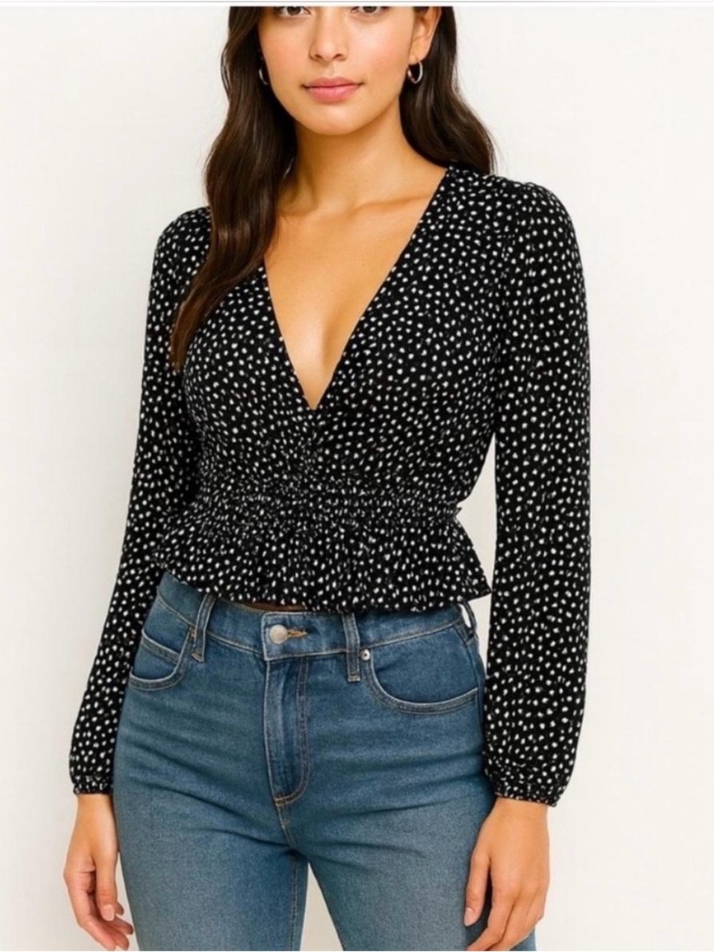 Zara Black & White Polka Dot V-Neck rouched peplum long sleeve with tie waist